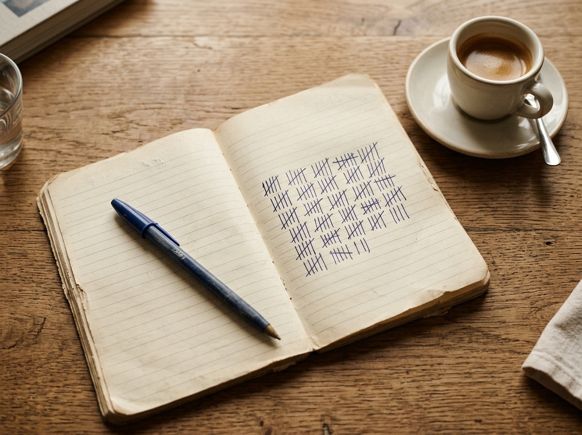 Notebook with tally marks recording AI Overview frequency across Costa del Sol local queries