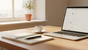 Laptop and notebook setup for running a 10-minute AI visibility check on a local business