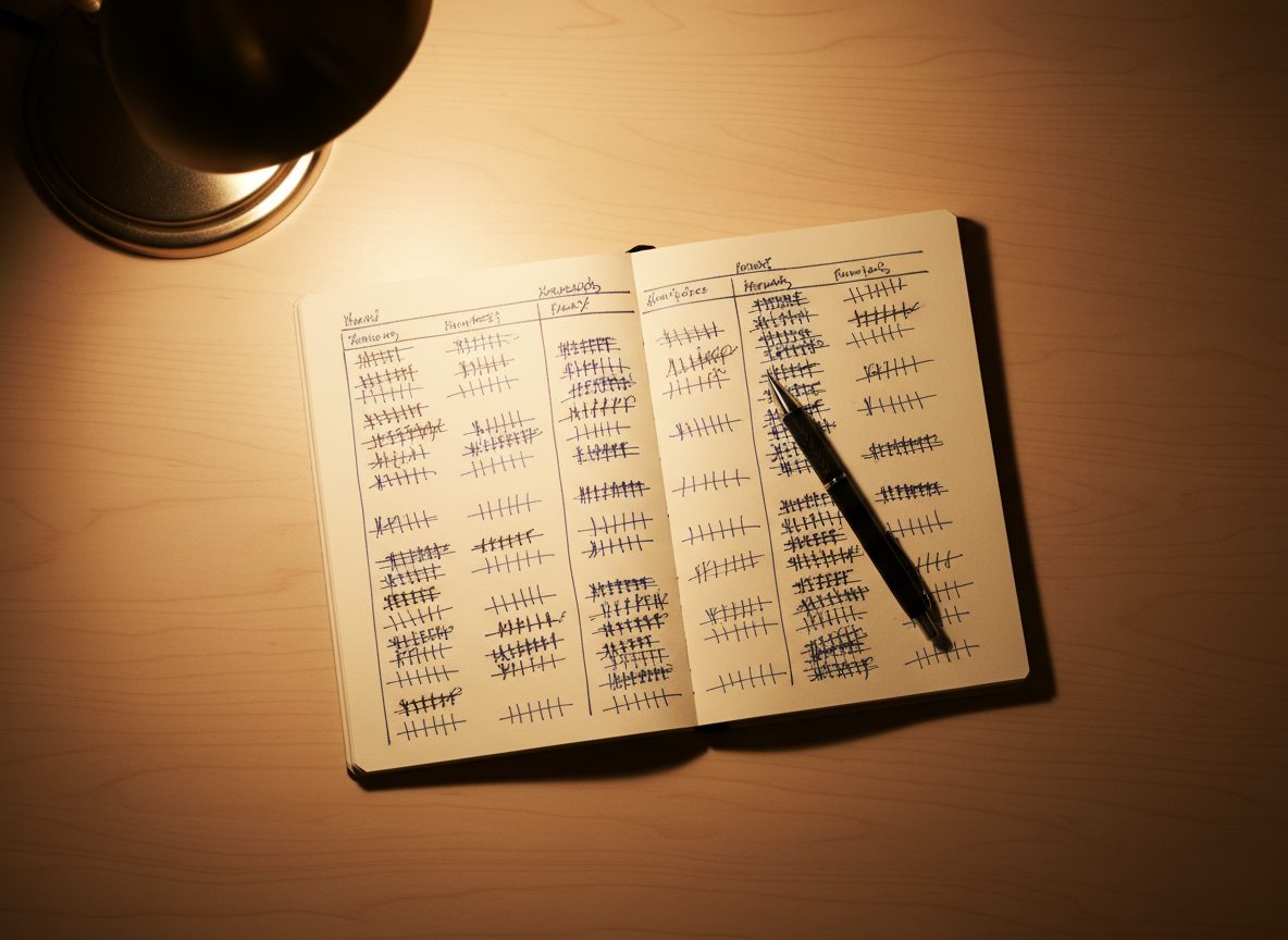 Hand-drawn 3-column scoring sheet in a notebook for an AI visibility audit