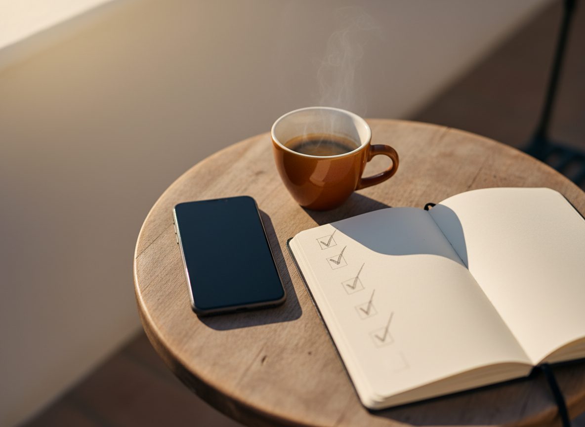 Phone on a café table ready to run test queries on AI search tools